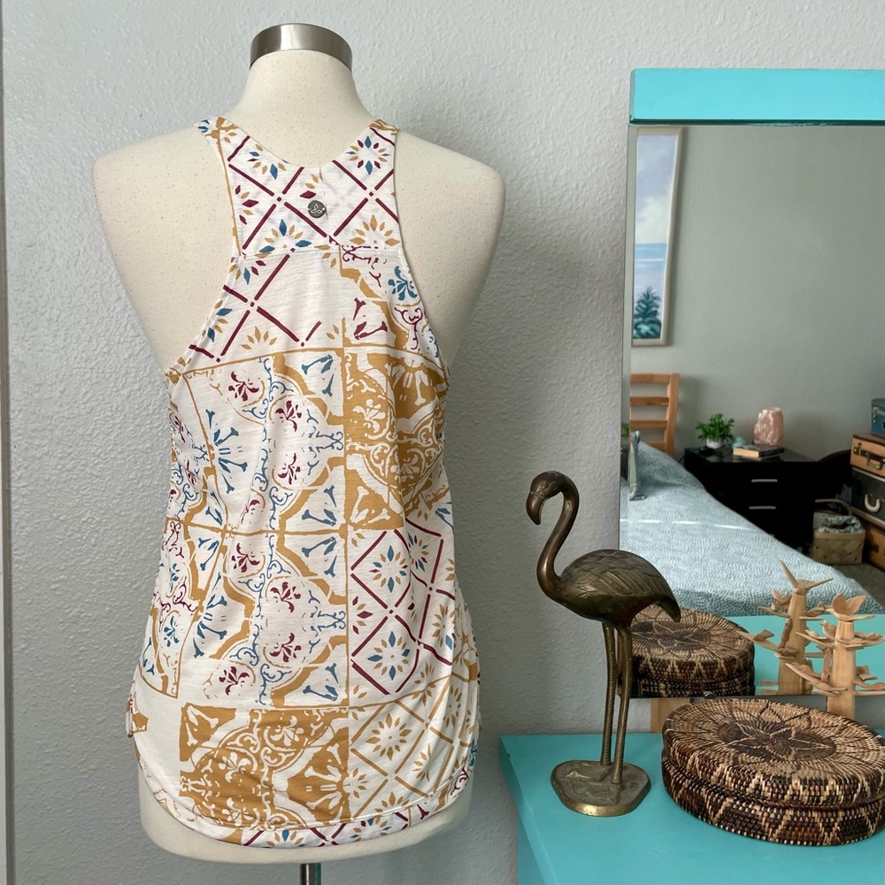Prana Amata Cream Racerback Tank Top Shirt Mustard & Blue Tile Print Medium - Picture 4 of 10